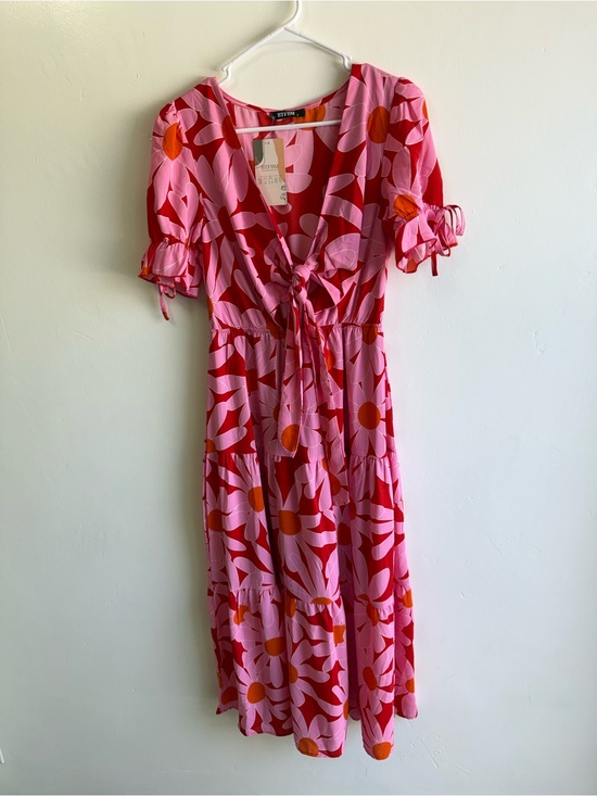 BTFBM Dresses & Skirts - Bright Pink Floral Tie Front Tiered Skirt Maxi Dress size Small